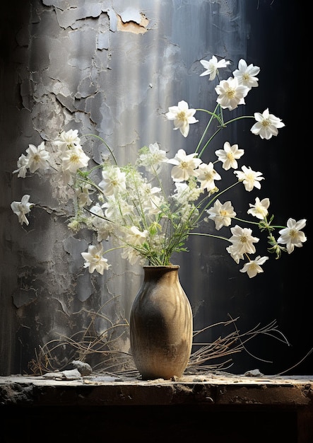 Há um vaso com flores sentado em uma saliência generativa ai