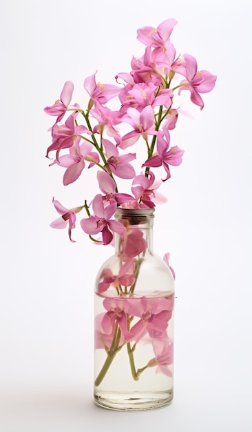 Foto há um vaso com uma flor rosa em uma superfície branca generativa ai