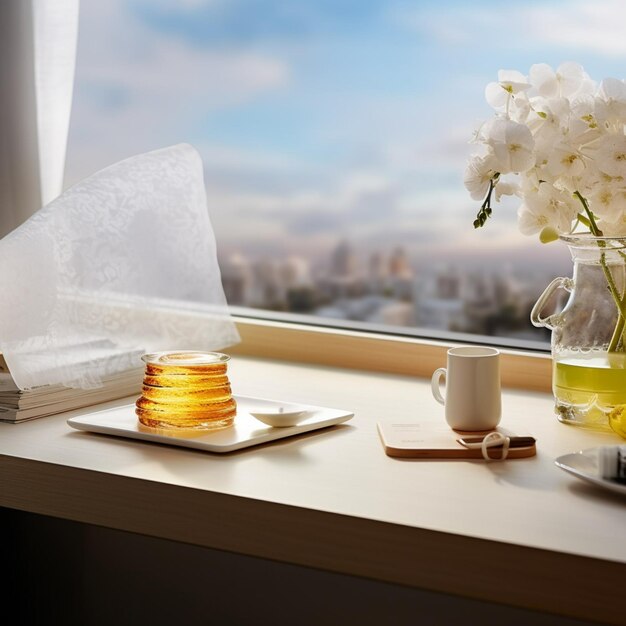 Há um vaso de flores e uma chávena de chá no peitoral da janela.