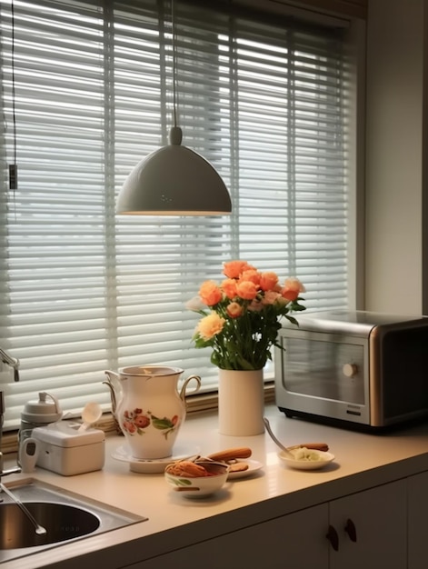 há um vaso de flores em um balcão em uma cozinha generativa ai
