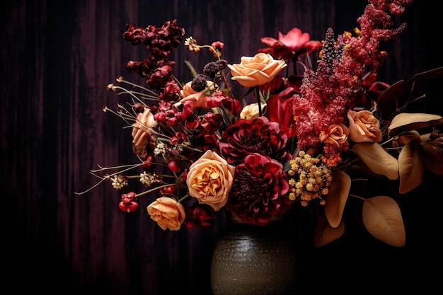 Foto há um vaso de flores em uma mesa com um fundo escuro