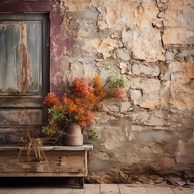 Foto há um vaso de flores sentado numa mesa de madeira.