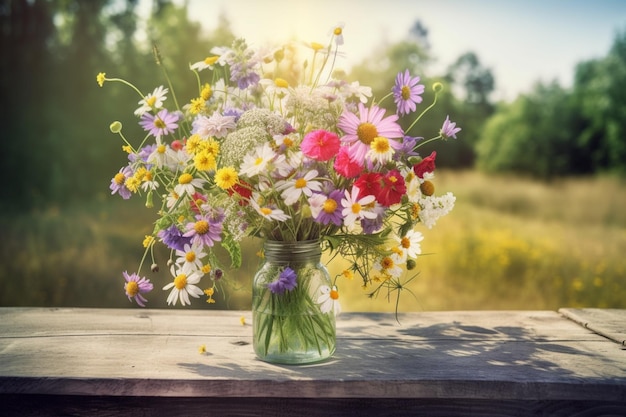 há um vaso de flores sobre uma mesa ao sol generativo ai