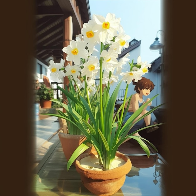 Há um vaso de plantas com flores brancas em uma mesa generativa ai