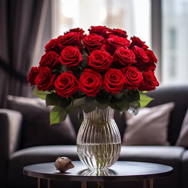 há um vaso de rosas vermelhas em uma mesa na frente de um sofá generativo ai