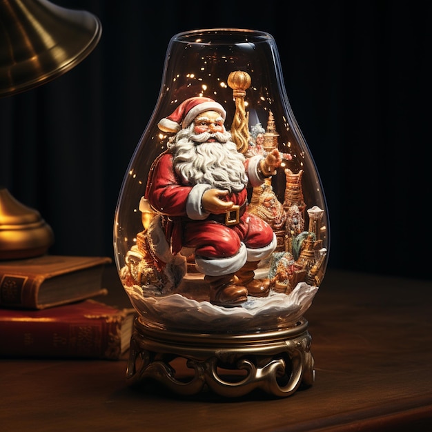 Foto há um vaso de vidro com uma cláusula de papai noel dentro dele.