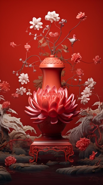 Há um vaso vermelho com flores em uma mesa generativa ai