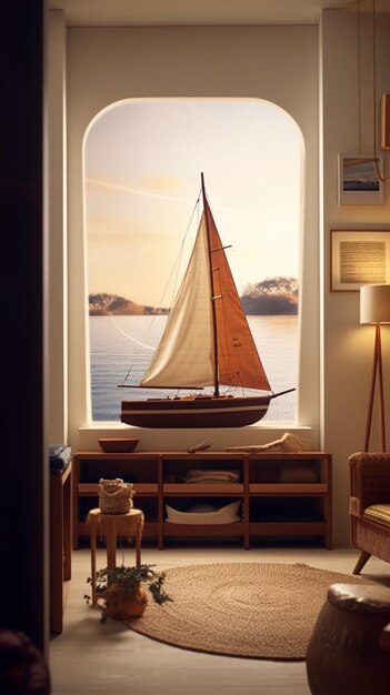 Foto há um veleiro sentado em uma sala de estar com uma janela generativa ai
