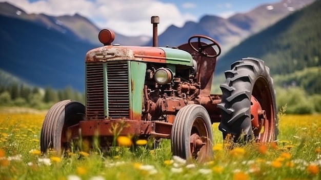 Há um velho trator sentado em um campo de flores generativo ai