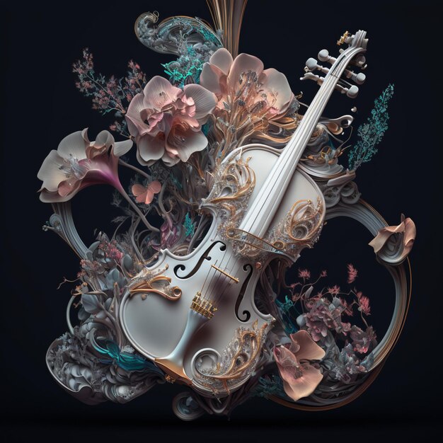Há um violino com flores e um arco sobre um fundo preto generativo ai