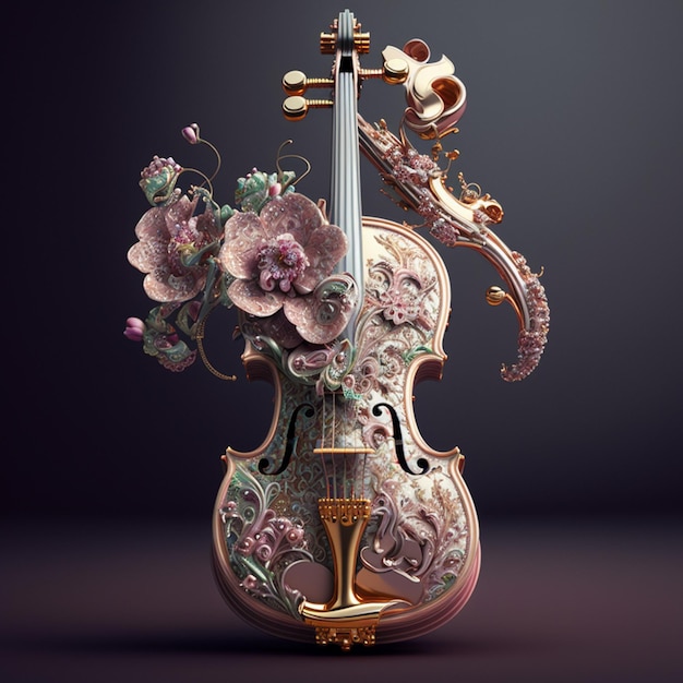 Há um violino com uma decoração floral nele.