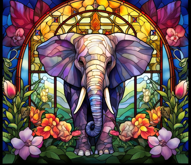 Há um vitral de um elefante num jardim.