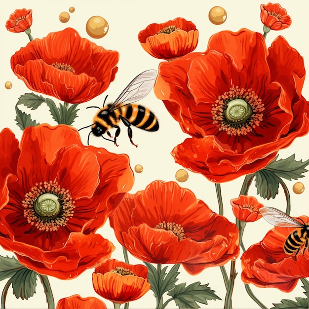 Há uma abelha voando sobre um campo de flores vermelhas generativo ai