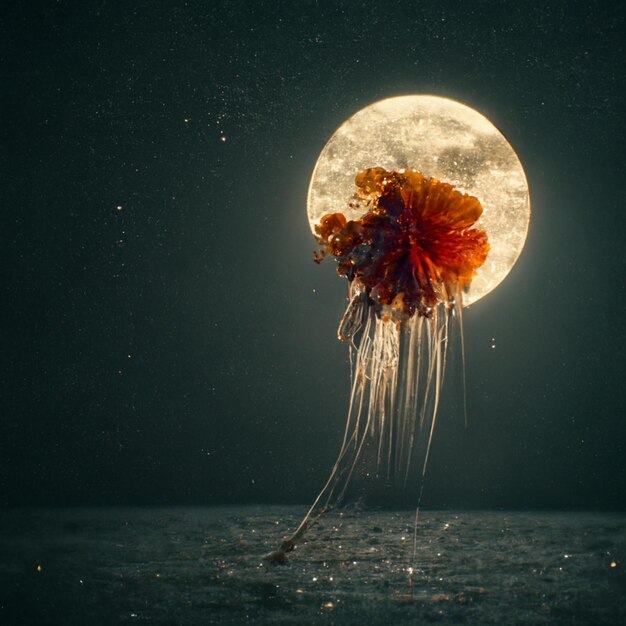 Foto há uma água-viva flutuando no oceano com uma lua cheia ao fundo generativa ai