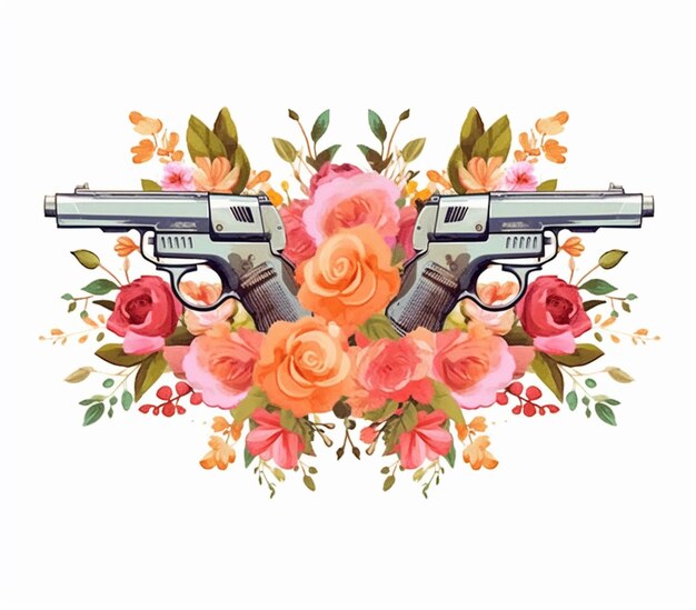 Há uma arma com flores e um fundo branco.