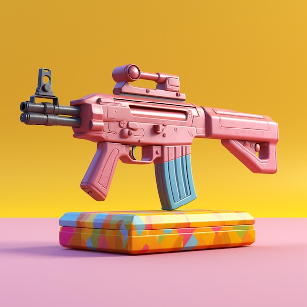 Há uma arma de brinquedo em um suporte com uma arma de brincadeira nele.