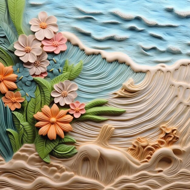 Há uma arte de papel de uma onda e flores na praia generativa ai