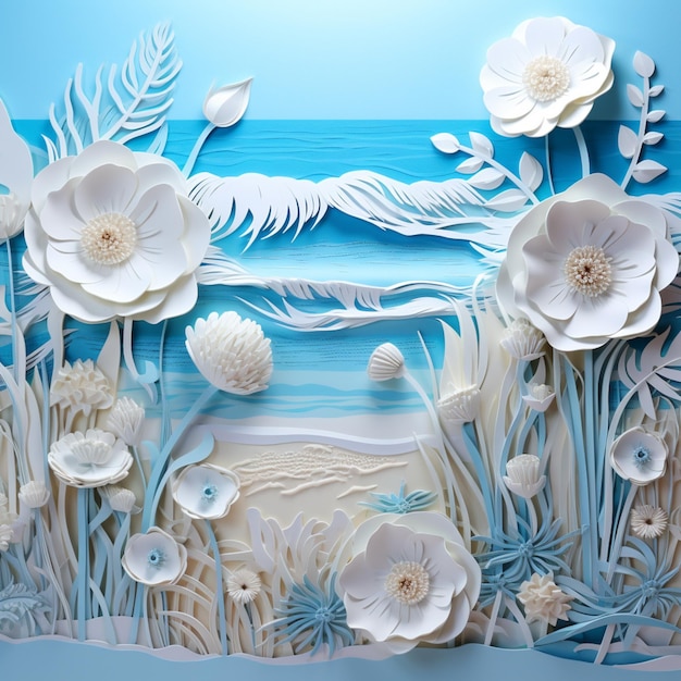 há uma arte em papel de uma bela cena do oceano com flores generativas ai