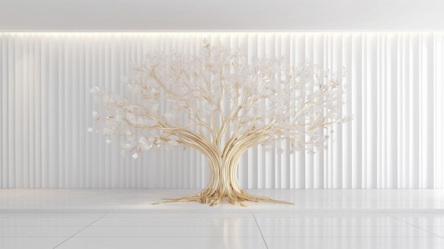 Há uma árvore branca com uma base de ouro numa sala generativa.