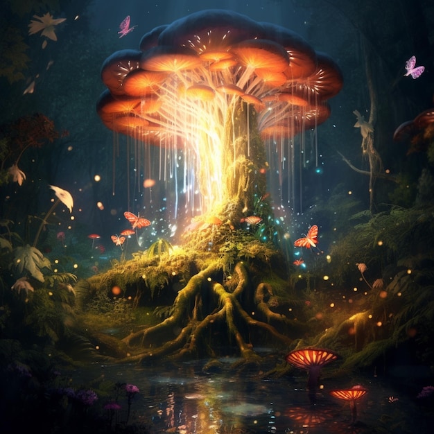 Há uma árvore de cogumelos com muitas luzes nela.