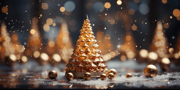 Há uma árvore de natal de ouro com bolas de ouro na neve generativa ai