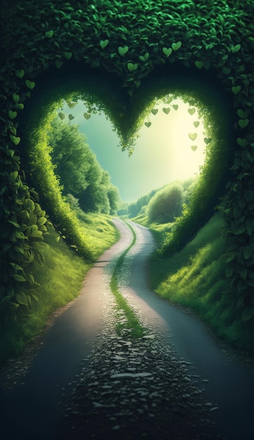 Há uma árvore em forma de coração no meio da estrada generativa ai