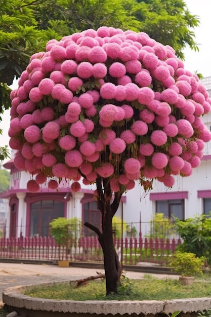 há uma árvore rosa com flores rosas em uma panela generativa ai