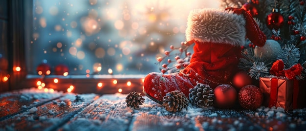 Foto há uma bandeira de natal com botas de papai noel, bolas, sacos de presentes, cones e uma luz brilhante fora da janela.