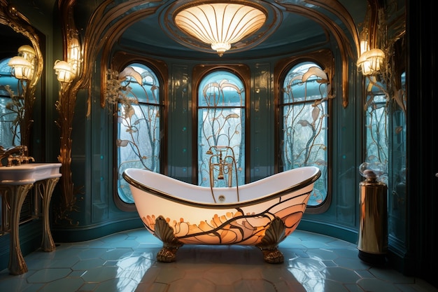 Foto há uma banheira em um banheiro com um candelabro acima dela ai generative