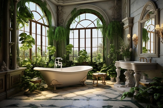 Há uma banheira em uma sala com muitas plantas generativas ai