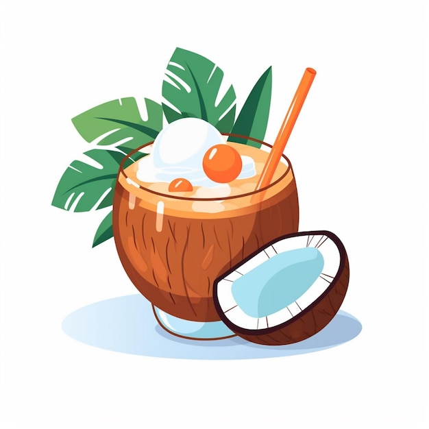 Foto há uma bebida de coco com um canudo e um canudo nele.