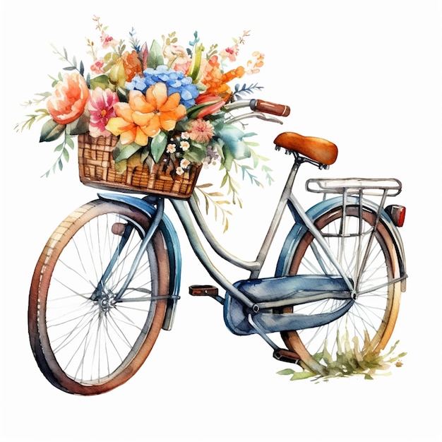 Há uma bicicleta com um cesto de flores na parte de trás.