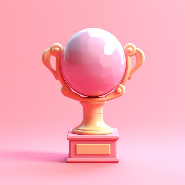 Há uma bola rosa sentada em um troféu de ouro.