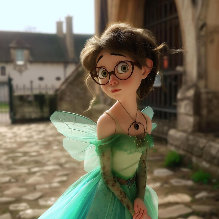 Foto há uma boneca com óculos e um vestido verde.