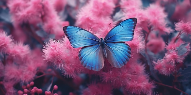 Há uma borboleta azul que está sentada em uma flor rosa generativa ai