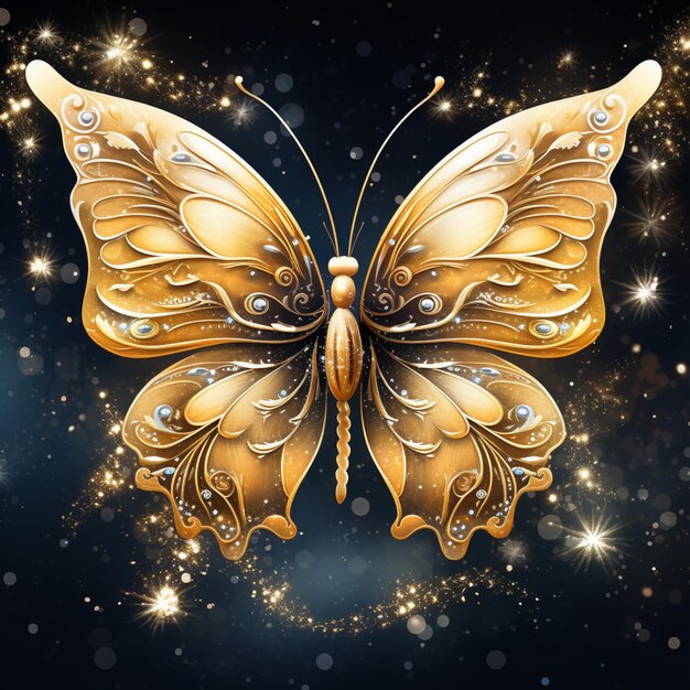 Há uma borboleta com asas douradas e estrelas cintilantes generativa ai
