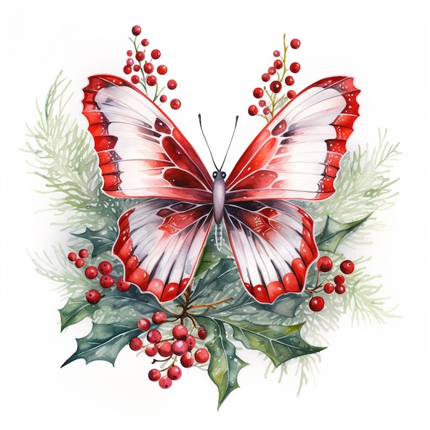 Há uma borboleta com asas vermelhas e bagas vermelhas num ramo.