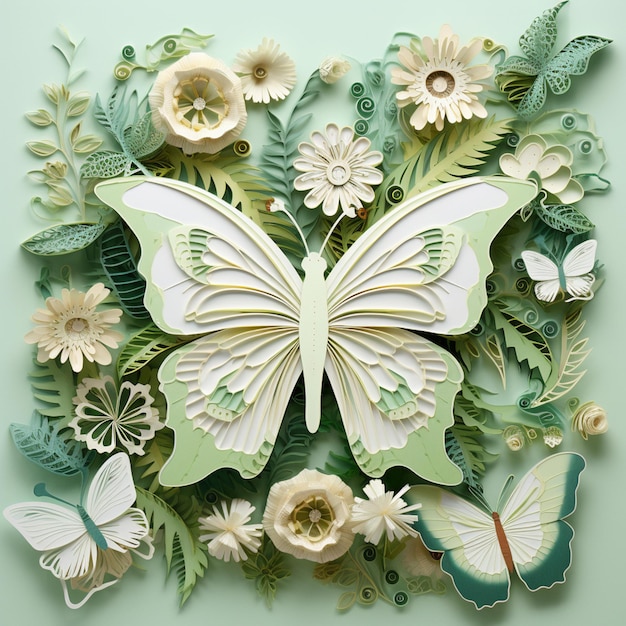 há uma borboleta de corte de papel cercada por flores e folhas generativas ai