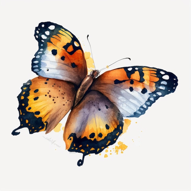 Há uma borboleta que é pintada com aquarelas em um fundo branco generativo ai