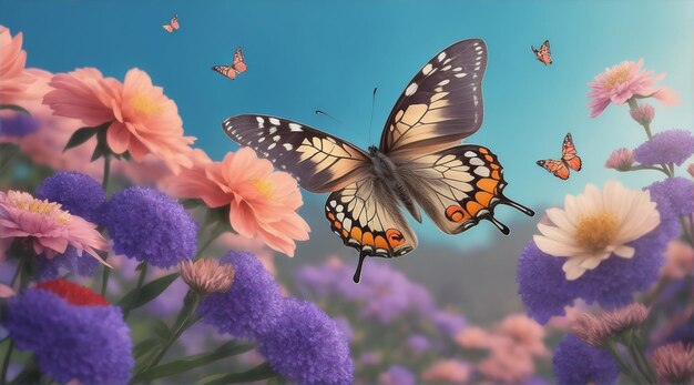 Há uma borboleta que está voando sobre algumas flores por Generative AI