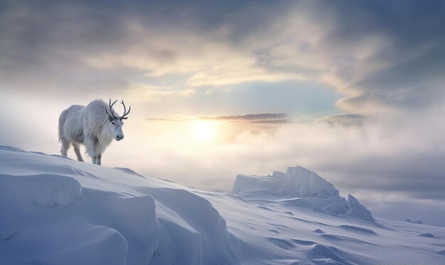 há uma cabra branca parada em uma colina nevada com um sol ao fundo, IA generativa