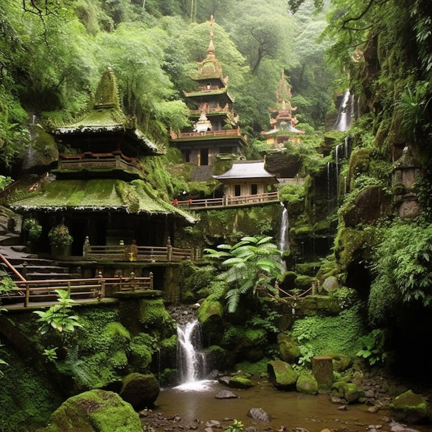 Há uma cachoeira no meio de uma floresta com um edifício no fundo.