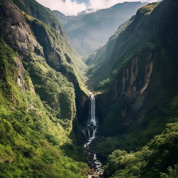 Há uma cachoeira no meio de uma montanha com um vale abaixo generativo ai