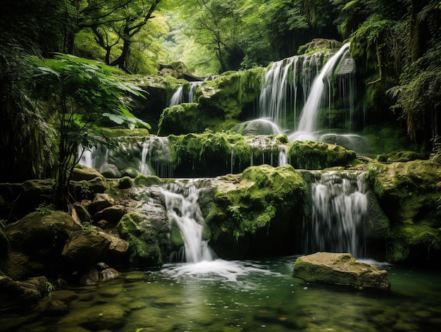 Há uma cachoeira que flui sobre as rochas na floresta generativa ai