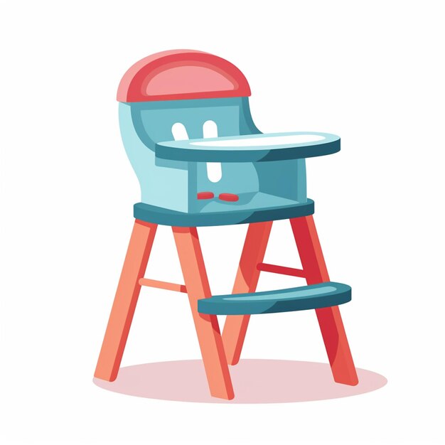 Foto há uma cadeira alta azul com assento vermelho e uma bandeja vermelha generativa ai