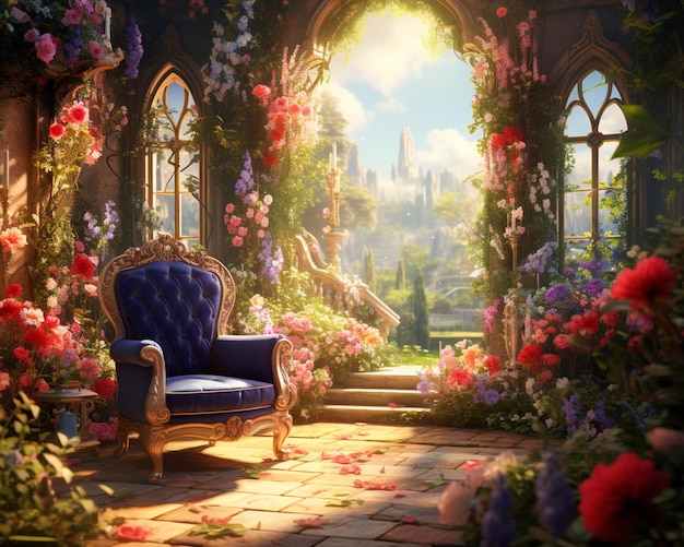 há uma cadeira azul em um jardim com flores e um castelo ao fundo IA generativa