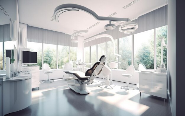 Há uma cadeira de dentista em uma sala com uma grande janela generativa ai