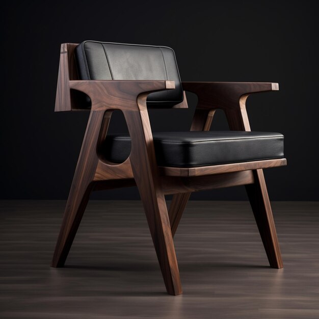Há uma cadeira preta com estrutura de madeira e assento de couro preto generativo ai