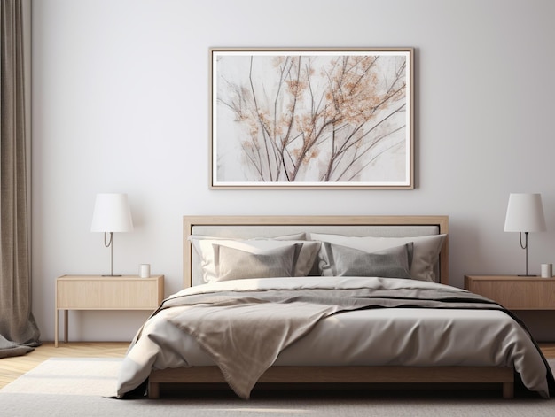 Há uma cama com um edredom bege e um quadro na parede generativo ai