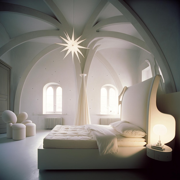 há uma cama com uma estrutura de cama branca e uma luz estelar generativa ai